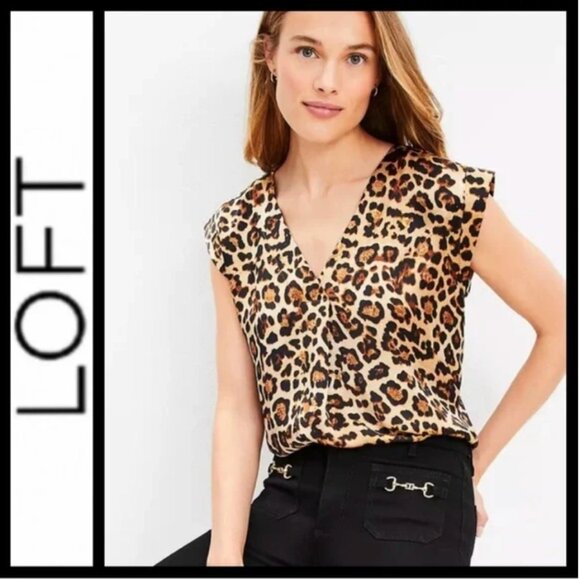 LOFT Silky Leopard Animal Print Career Blouse Women's Small Brown Classic Boho - Picture 1 of 8